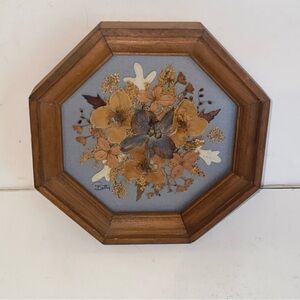 Vintage Wood Framed Dried Pressed Flowers on Blue Matted Background